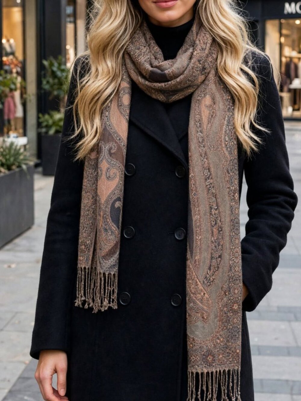 Paisley Knit Wrap Scarf in Brown and Tan (scarf only - coat sold separately)